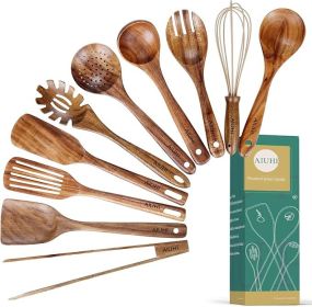 Wooden Utensils for Cooking, 10 Pack, Wood Utensil Set for Kitchen, Teak Wooden Spoon for Cooking, Non-Stick Spatula Ladle