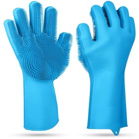 Magic Silicone Brush Dishwashing Gloves Cleaning Sponge Pet Scrubber Heat Resistant Wash Gloves (Color: Blue, size: One size)