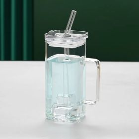 Transparent Glass Straw Cup, 6 Colors Square Glass Cup With Straw And Lid, High Borosilicate Glass Cup, Milk Cup, Juice Cup, Cold Drink Cup (Option: Transparent)